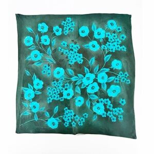 Vintage Teal Floral Acetate Hand Rolled Scarf Made in Japan